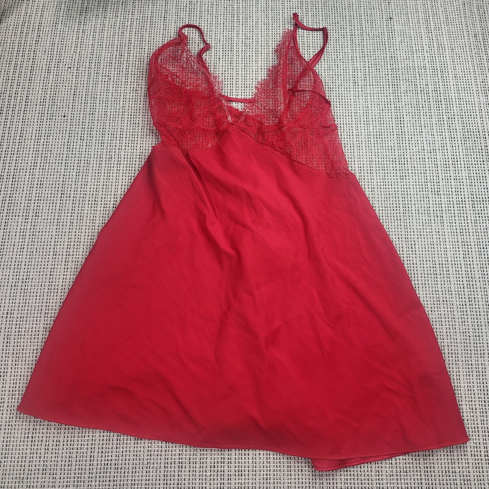 Victoria's Secret Slip Dress Womens XL Red Lace Trim Satin Chemise Nightie NEW